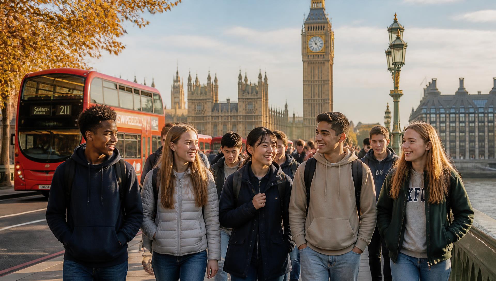 International students walking across Westminster Bridge in London